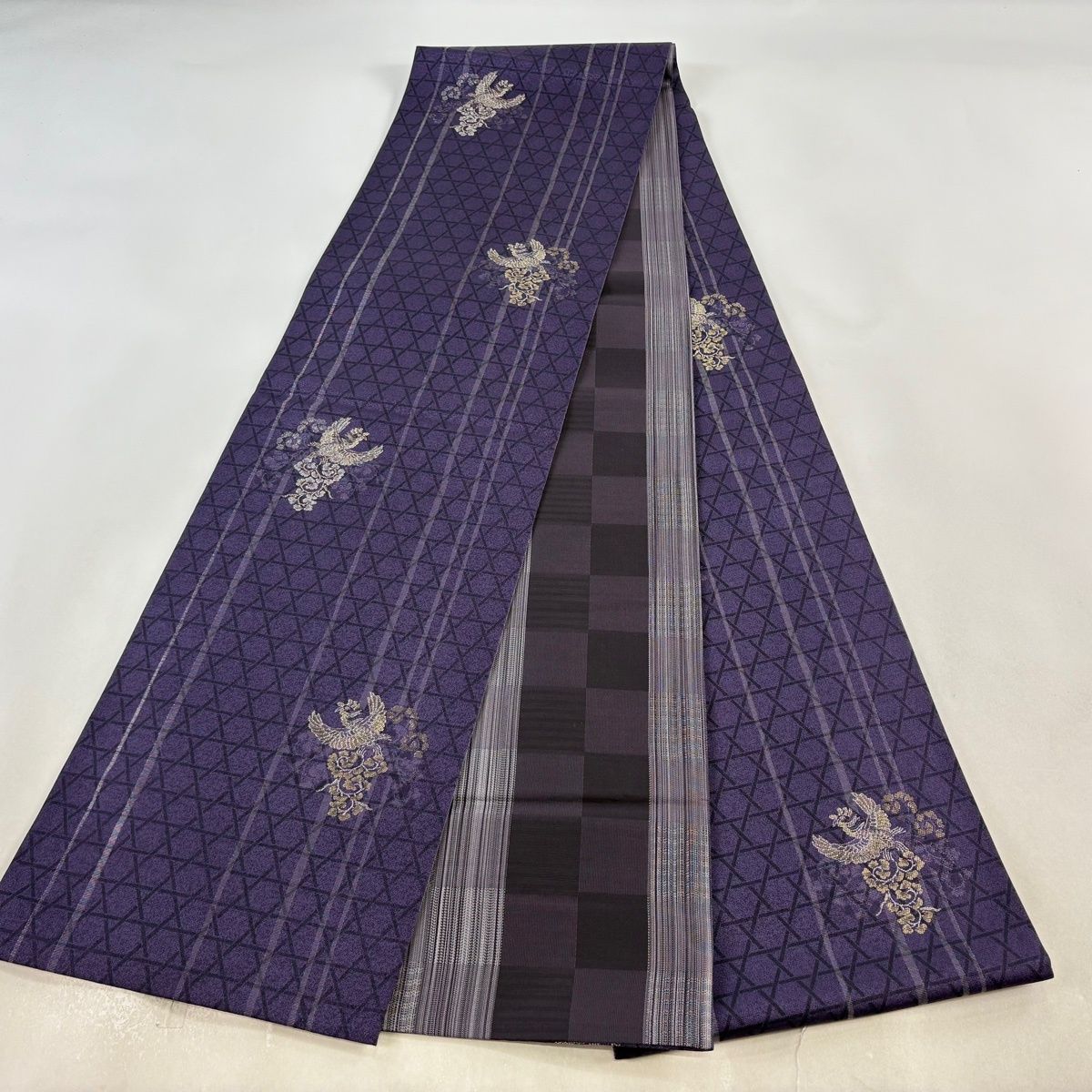 【美品】 袋帯 逸品 落款 前田仁仙 花鳥 籠目 金銀糸 紫 全通 正絹 【中古】