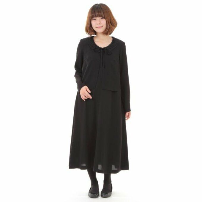 【日本製・M】漆黒ブラックフォーマルワンピース｜前開き・ゆったり・体型カバー・礼服 135801-M