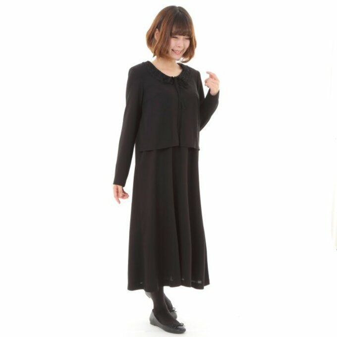 【日本製・M】漆黒ブラックフォーマルワンピース｜前開き・ゆったり・体型カバー・礼服 135801-M