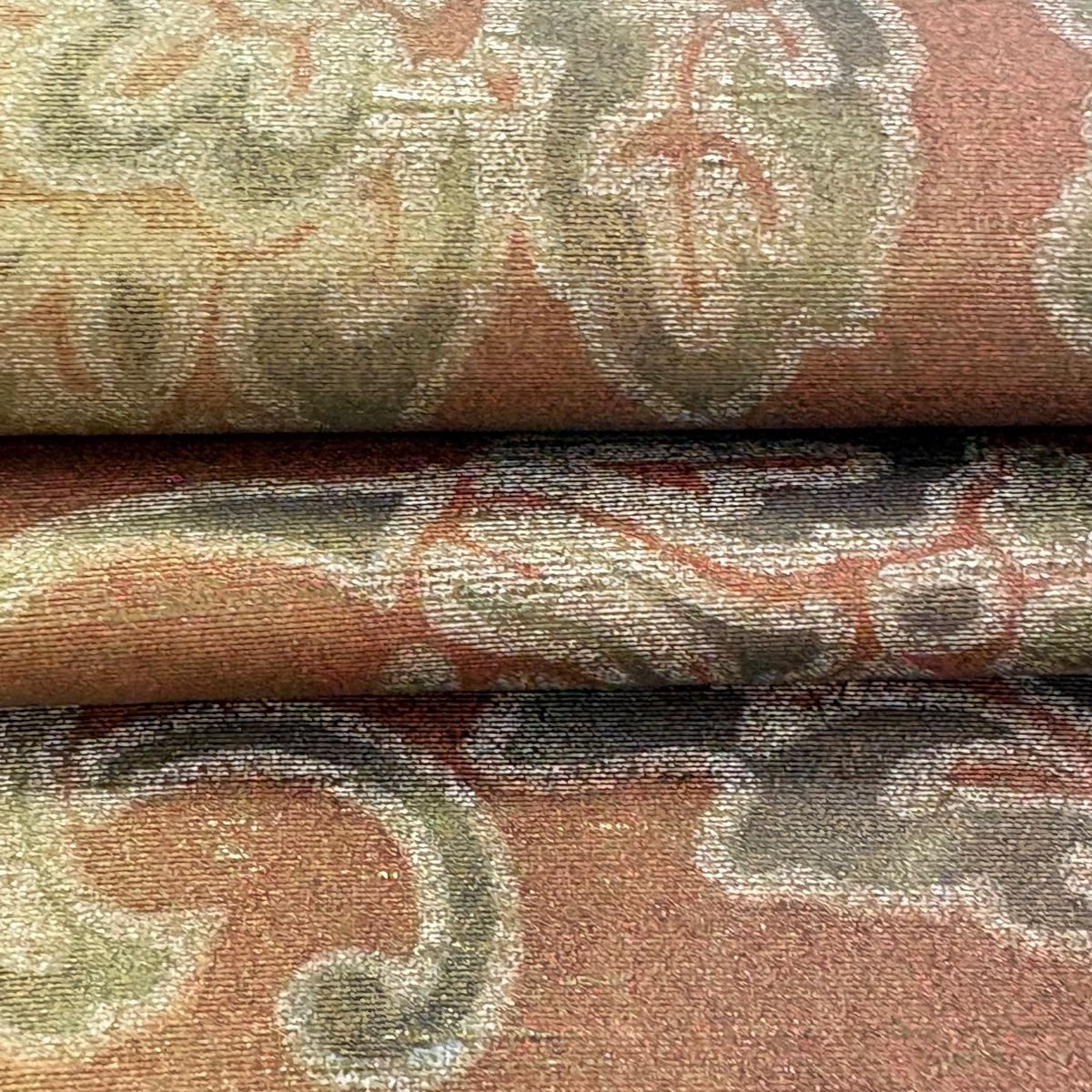 袋帯 逸品 落款 牛首紬地 花唐草 縞 金彩 灰緑 全通 正絹 【中古】 袋帯 逸品 落款 牛首紬地 花唐草 縞 金彩 灰緑 全通 正絹 【中古】