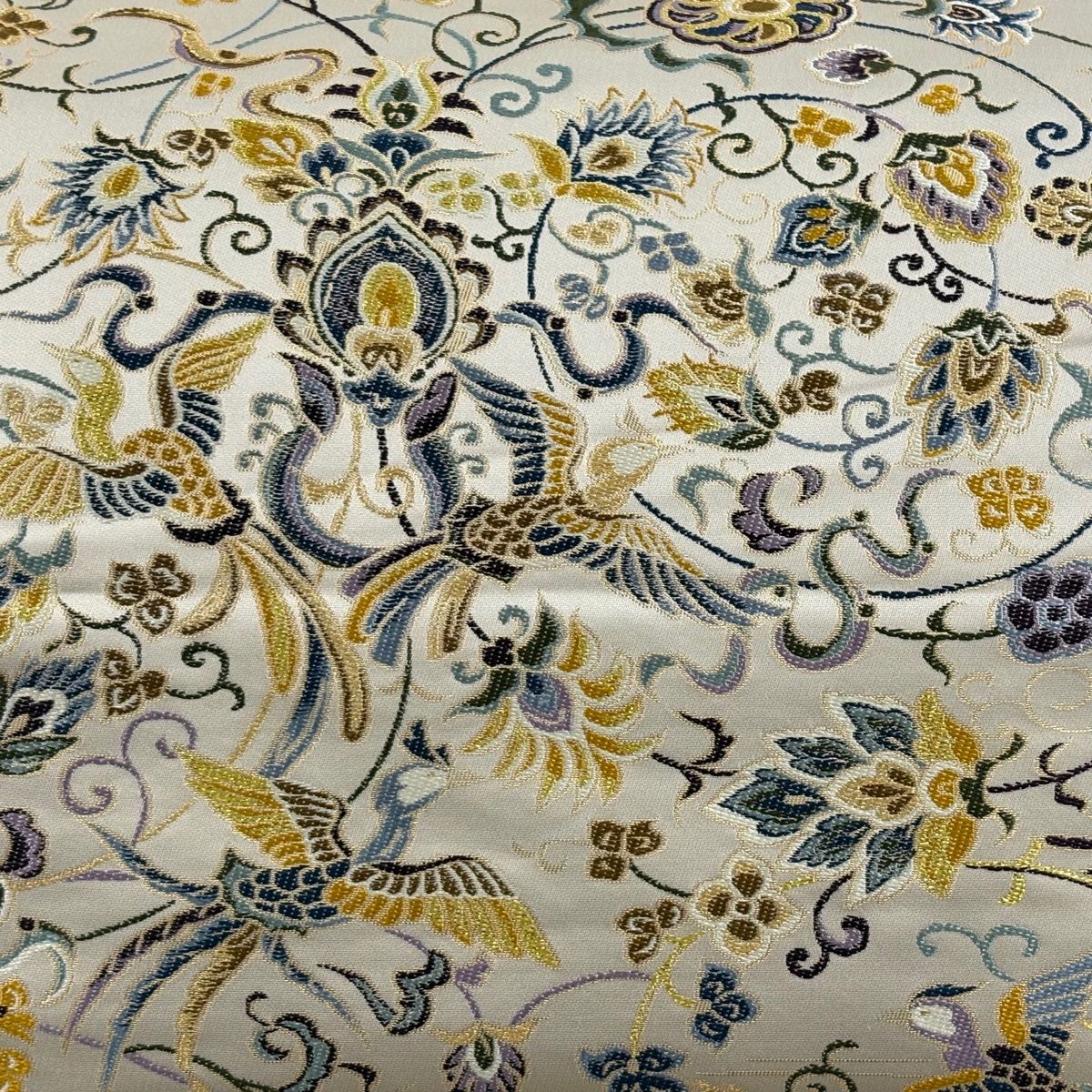 袋帯 逸品 白綾苑大庭 花鳥 花唐草 金糸 箔 クリーム 六通 正絹 【中古】