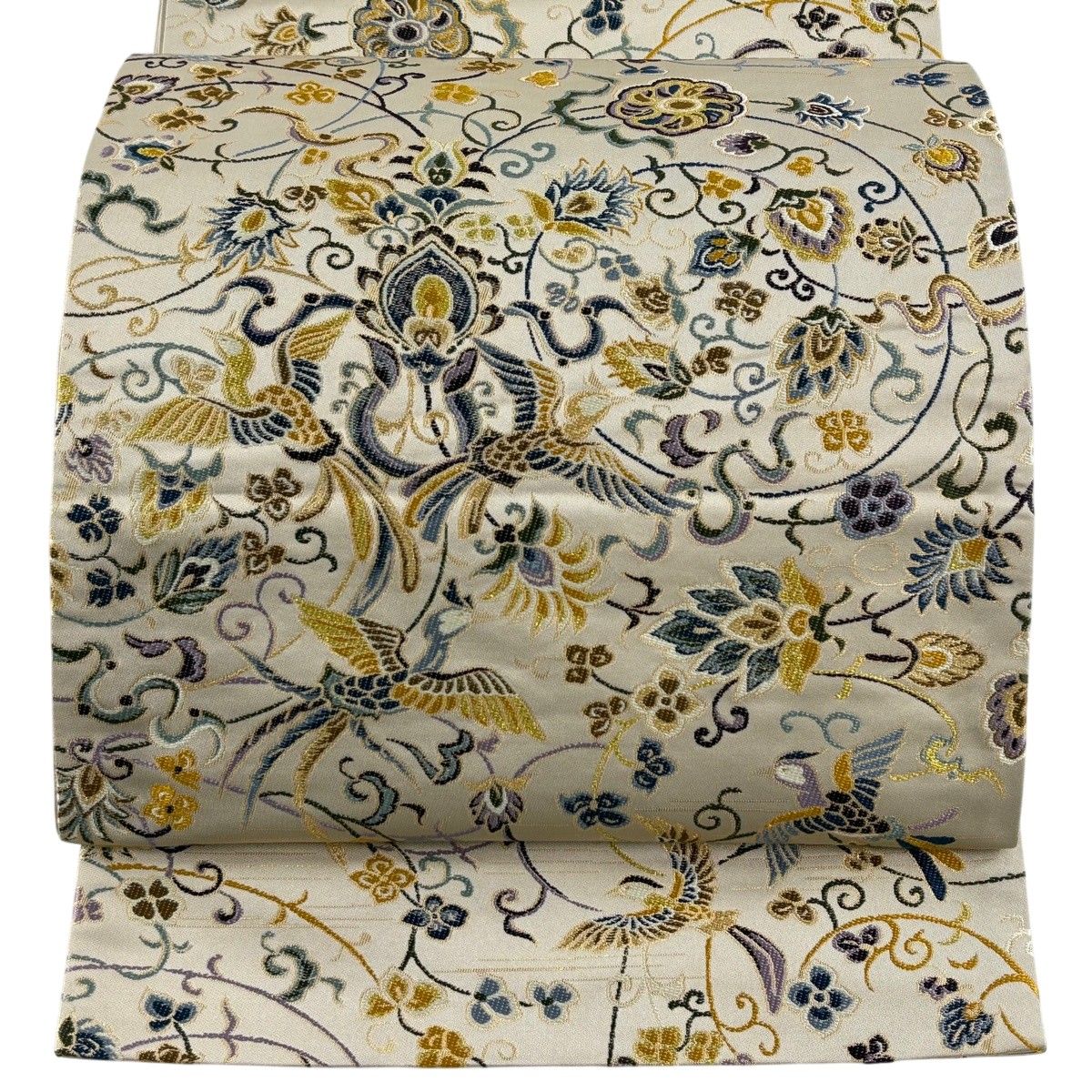 袋帯 逸品 白綾苑大庭 花鳥 花唐草 金糸 箔 クリーム 六通 正絹 【中古】
