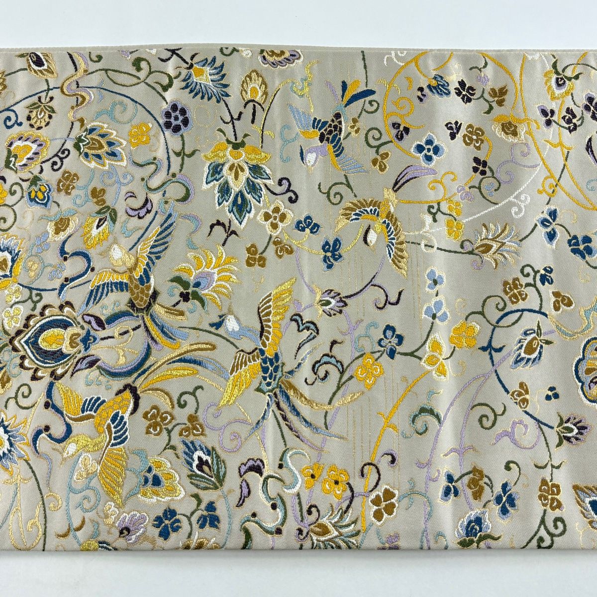 袋帯 逸品 白綾苑大庭 花鳥 花唐草 金糸 箔 クリーム 六通 正絹 【中古】