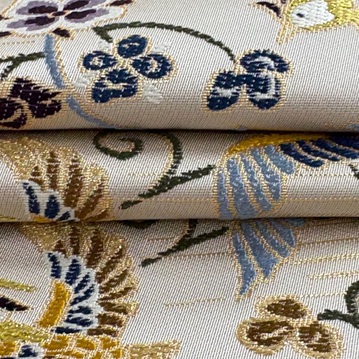 袋帯 逸品 白綾苑大庭 花鳥 花唐草 金糸 箔 クリーム 六通 正絹 【中古】