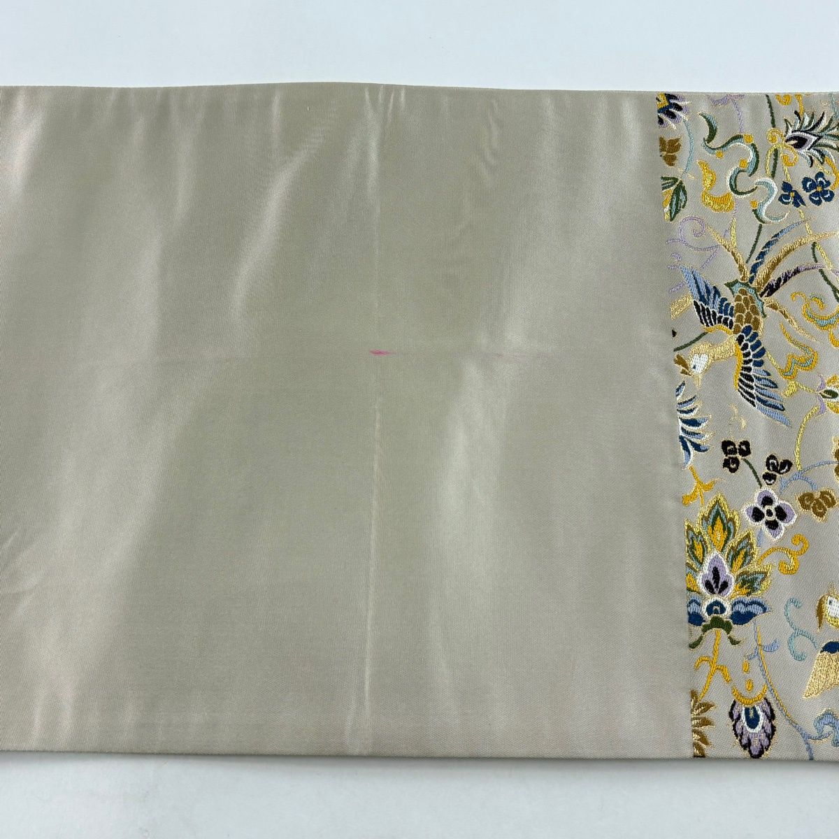 袋帯 逸品 白綾苑大庭 花鳥 花唐草 金糸 箔 クリーム 六通 正絹 【中古】