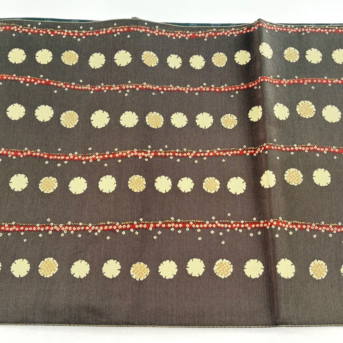 【美品】 袋帯 逸品 となみ織物 落款 麹塵染 雪輪 疋田柄 茶緑色 六通 正絹 【中古】