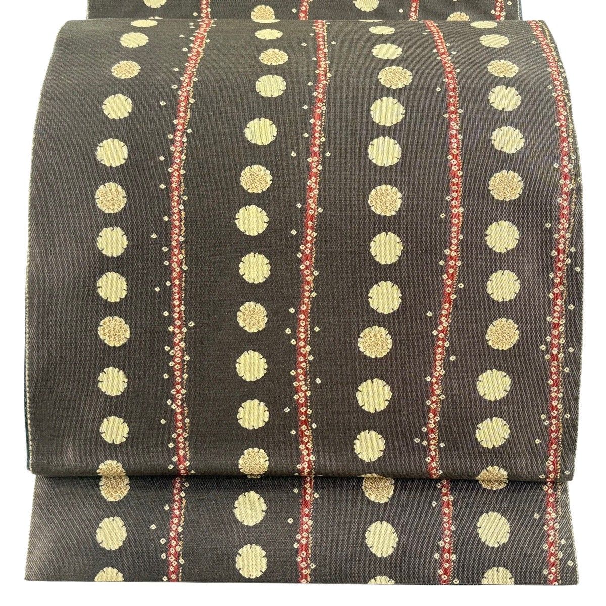 【美品】 袋帯 逸品 となみ織物 落款 麹塵染 雪輪 疋田柄 茶緑色 六通 正絹 【中古】