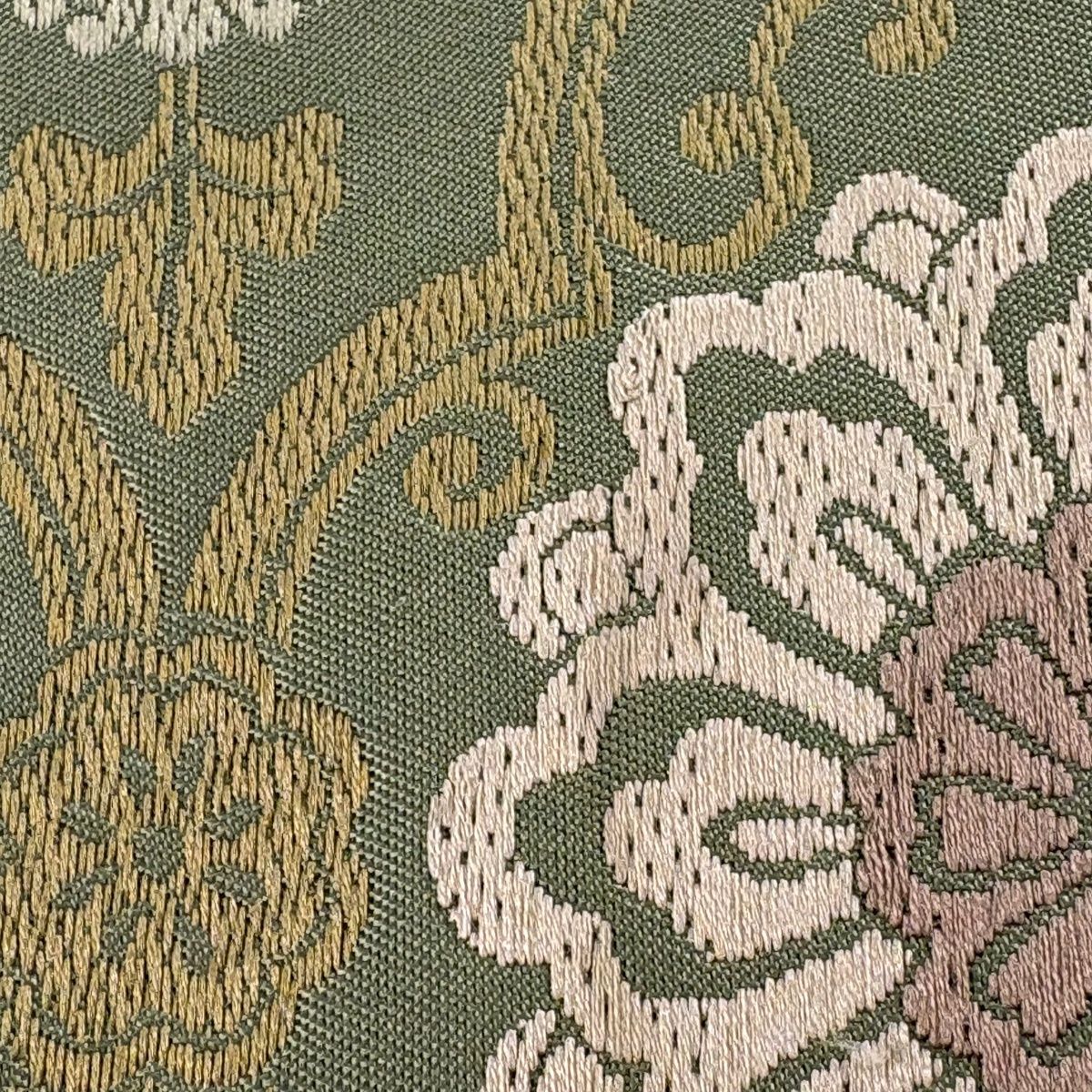 【美品】 袋帯 逸品 落款 北尾織物 有職錦 華文 向かい鳥 唐織 灰緑 全通 正絹 【中古】 【美品】 袋帯 逸品 落款 北尾織物 有職錦 華文 向かい鳥 唐織 灰緑 全通 正絹 【中古】