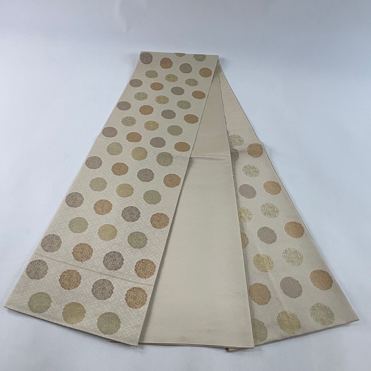 袋帯 逸品 草木染 丸文 七宝 箔 クリーム 六通 正絹 【中古】