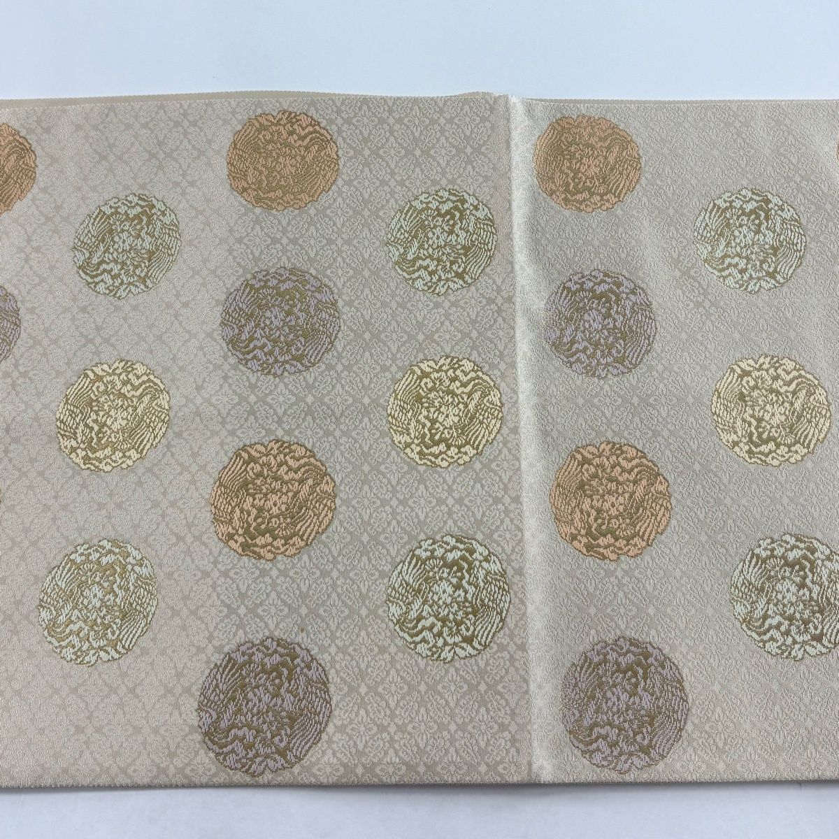 袋帯 逸品 草木染 丸文 七宝 箔 クリーム 六通 正絹 【中古】