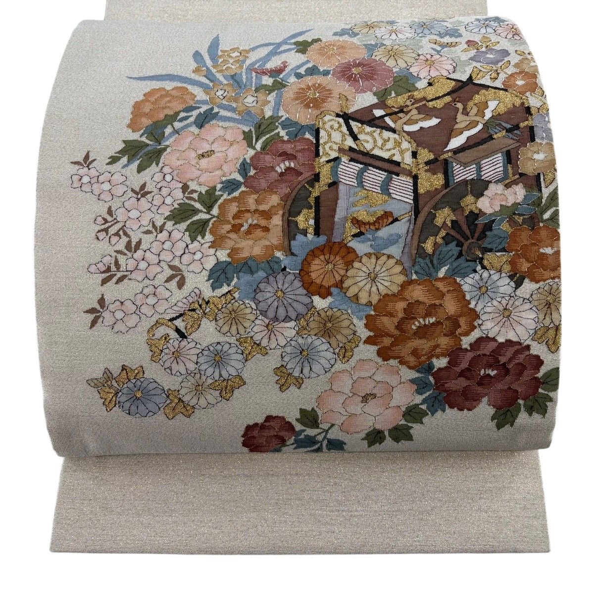 袋帯 逸品 御所車 草花 金糸 ベージュ お太鼓柄 正絹 【中古】