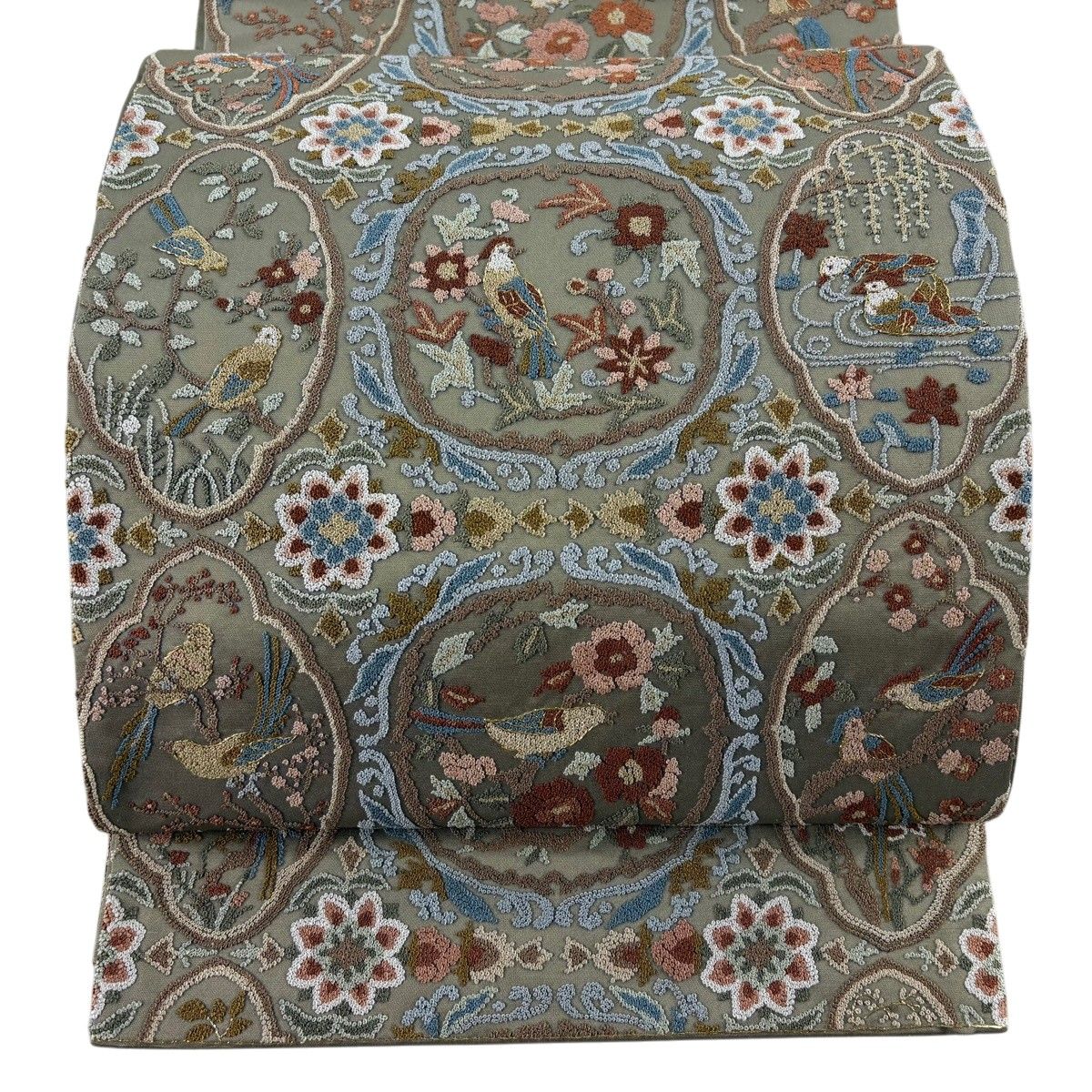 袋帯 逸品 草花 鳥 相良刺繍 金糸 茶緑色 全通 正絹 【中古】