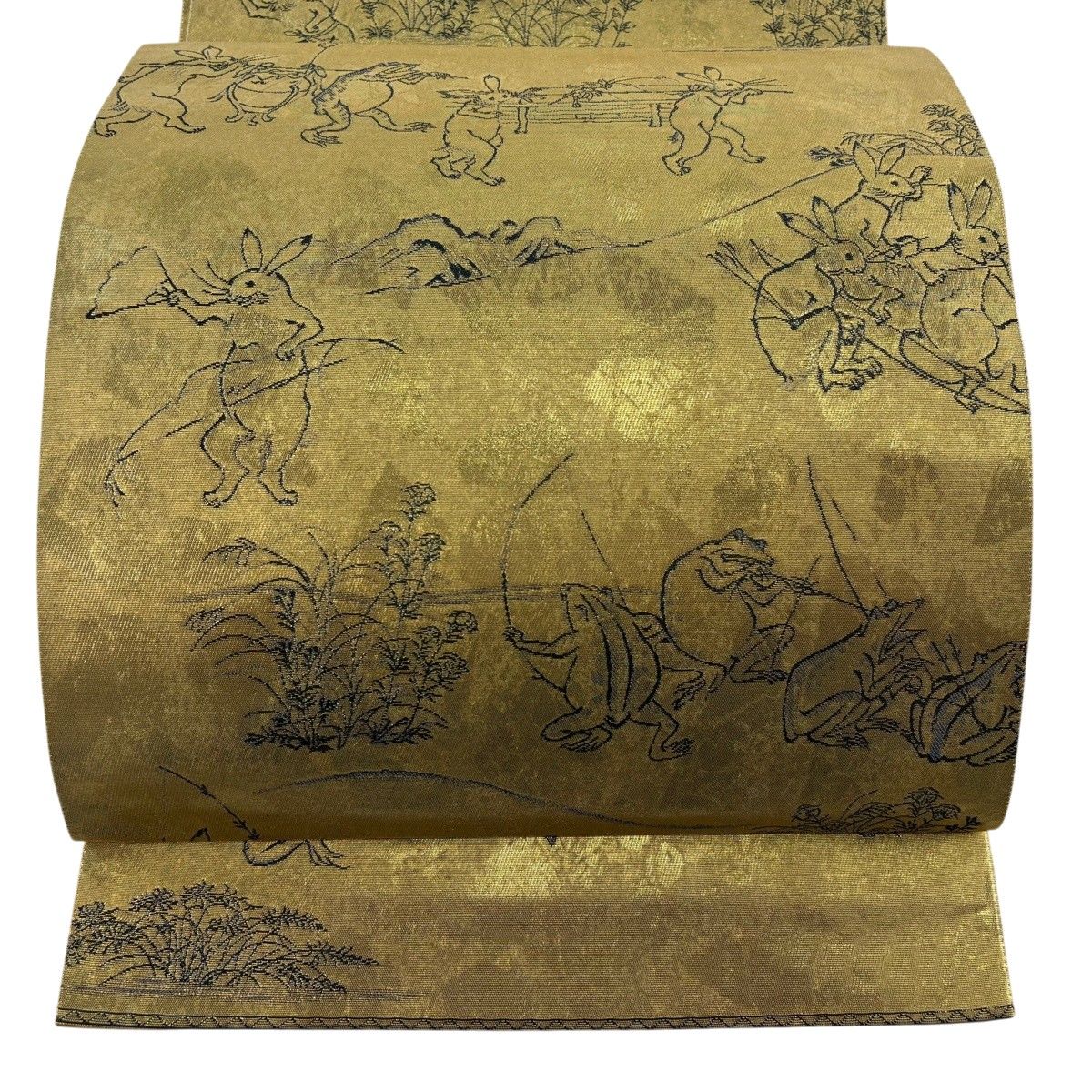袋帯 逸品 鳥獣戯画 箔 金色 お太鼓柄 正絹 【中古】