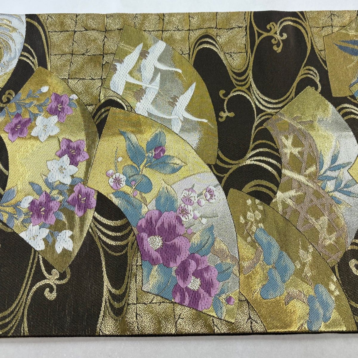 袋帯 逸品 じゅらく 落款 扇面 草花 金糸 箔 焦茶色 お太鼓柄 正絹 【中古】