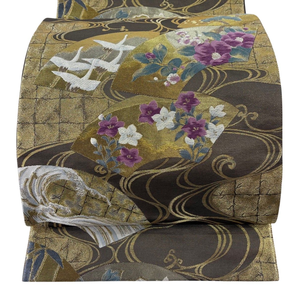 袋帯 逸品 じゅらく 落款 扇面 草花 金糸 箔 焦茶色 お太鼓柄 正絹 【中古】