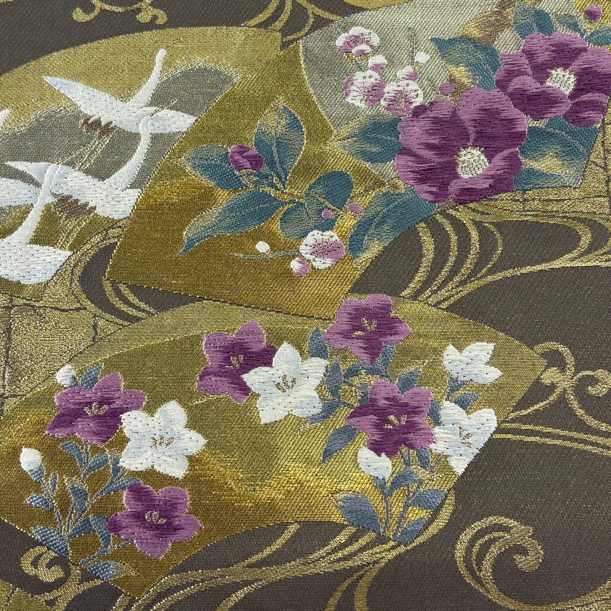 袋帯 逸品 じゅらく 落款 扇面 草花 金糸 箔 焦茶色 お太鼓柄 正絹 【中古】