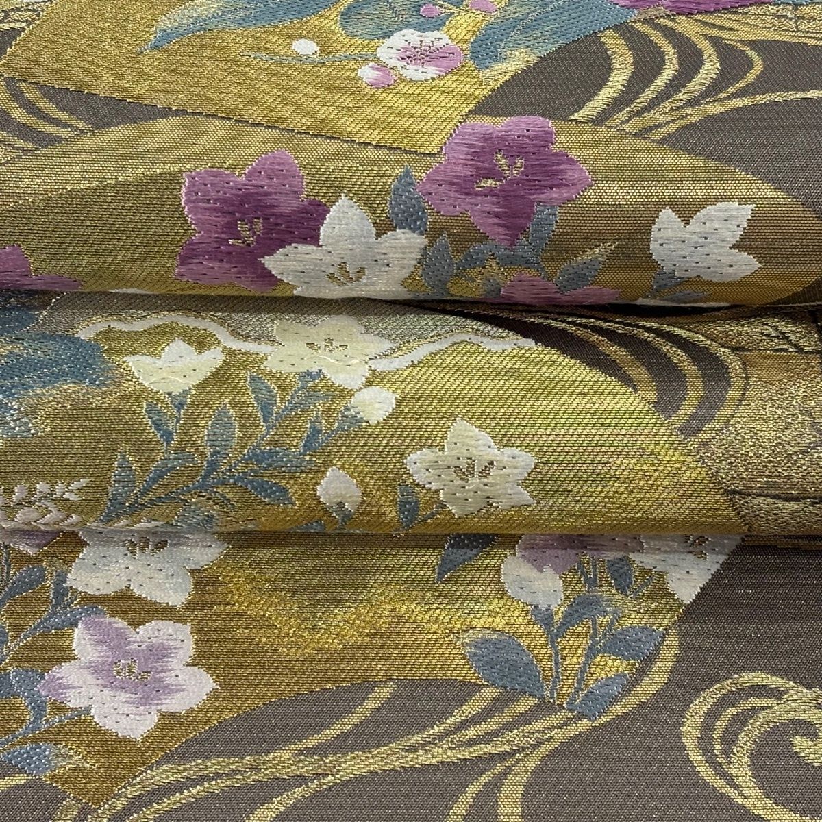 袋帯 逸品 じゅらく 落款 扇面 草花 金糸 箔 焦茶色 お太鼓柄 正絹 【中古】