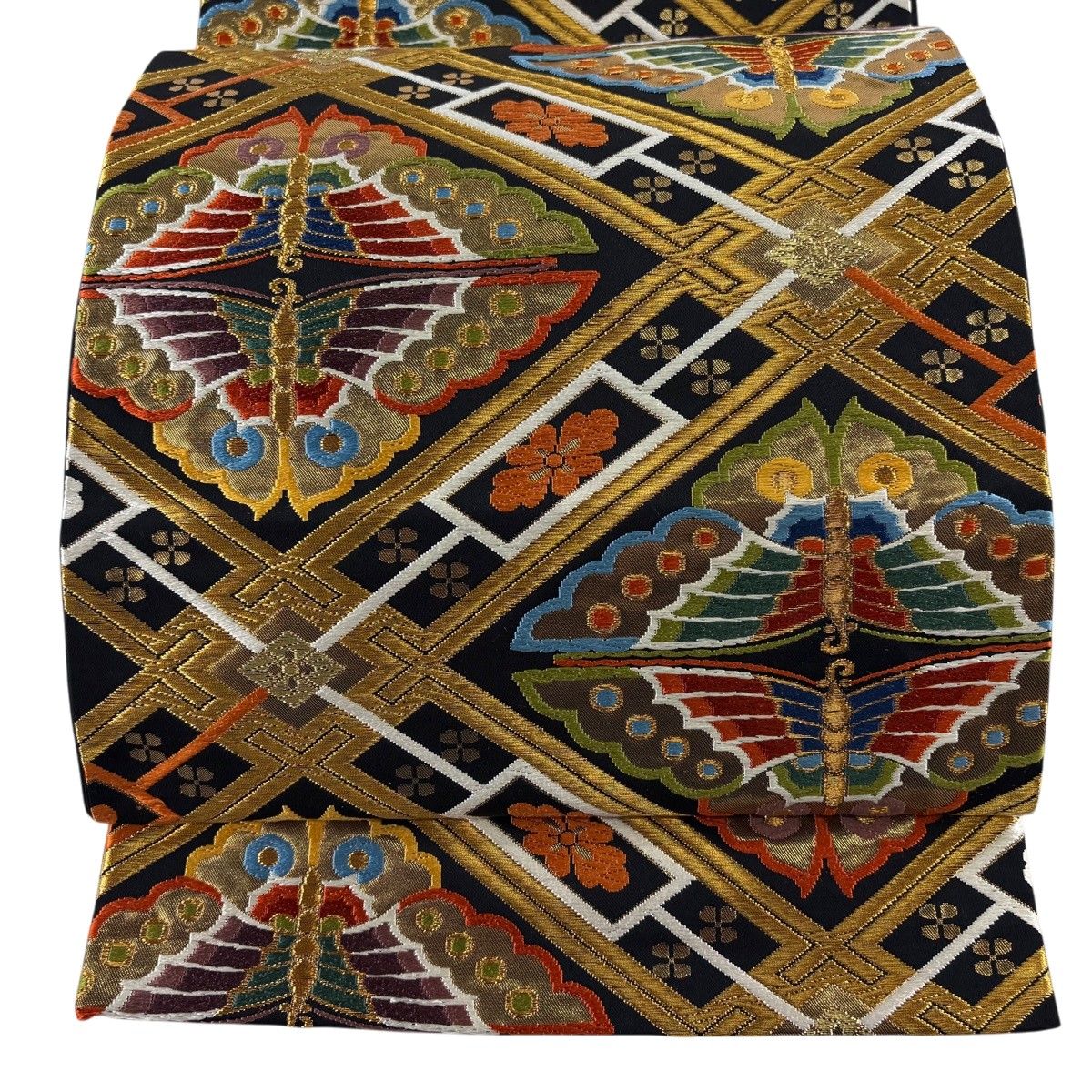 【美品】 袋帯 逸品 河合美術織物 落款 蝶 花 金糸 箔 黒 六通 正絹 【中古】