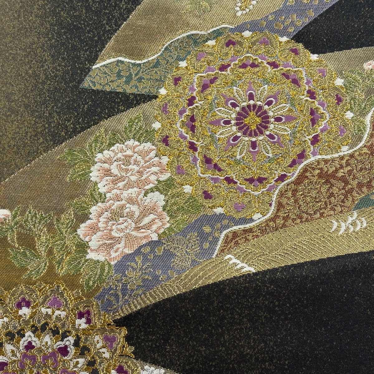 袋帯 逸品 じゅらく 落款 証紙 帝王紫 扇面 華文 金糸 箔 墨色 お太鼓柄 正絹 【中古】