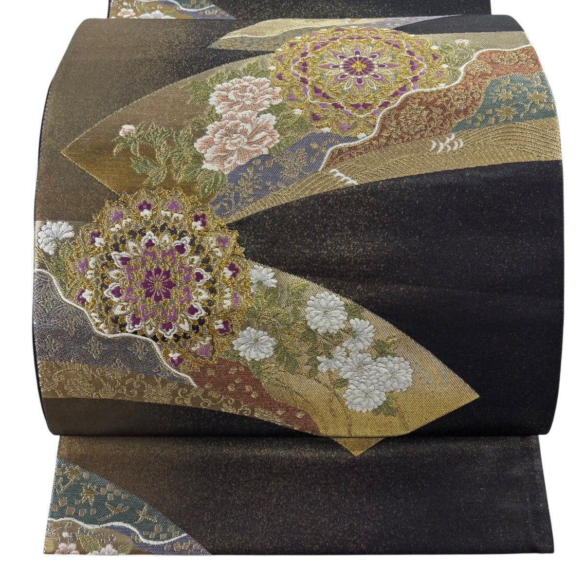 袋帯 逸品 じゅらく 落款 証紙 帝王紫 扇面 華文 金糸 箔 墨色 お太鼓柄 正絹 【中古】