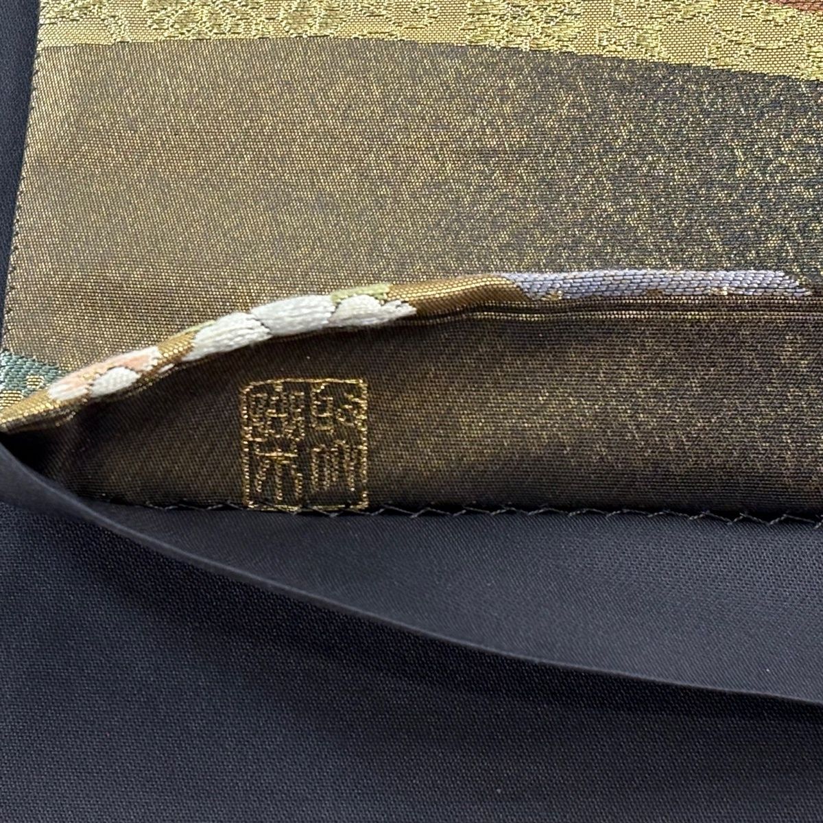 袋帯 逸品 じゅらく 落款 証紙 帝王紫 扇面 華文 金糸 箔 墨色 お太鼓柄 正絹 【中古】