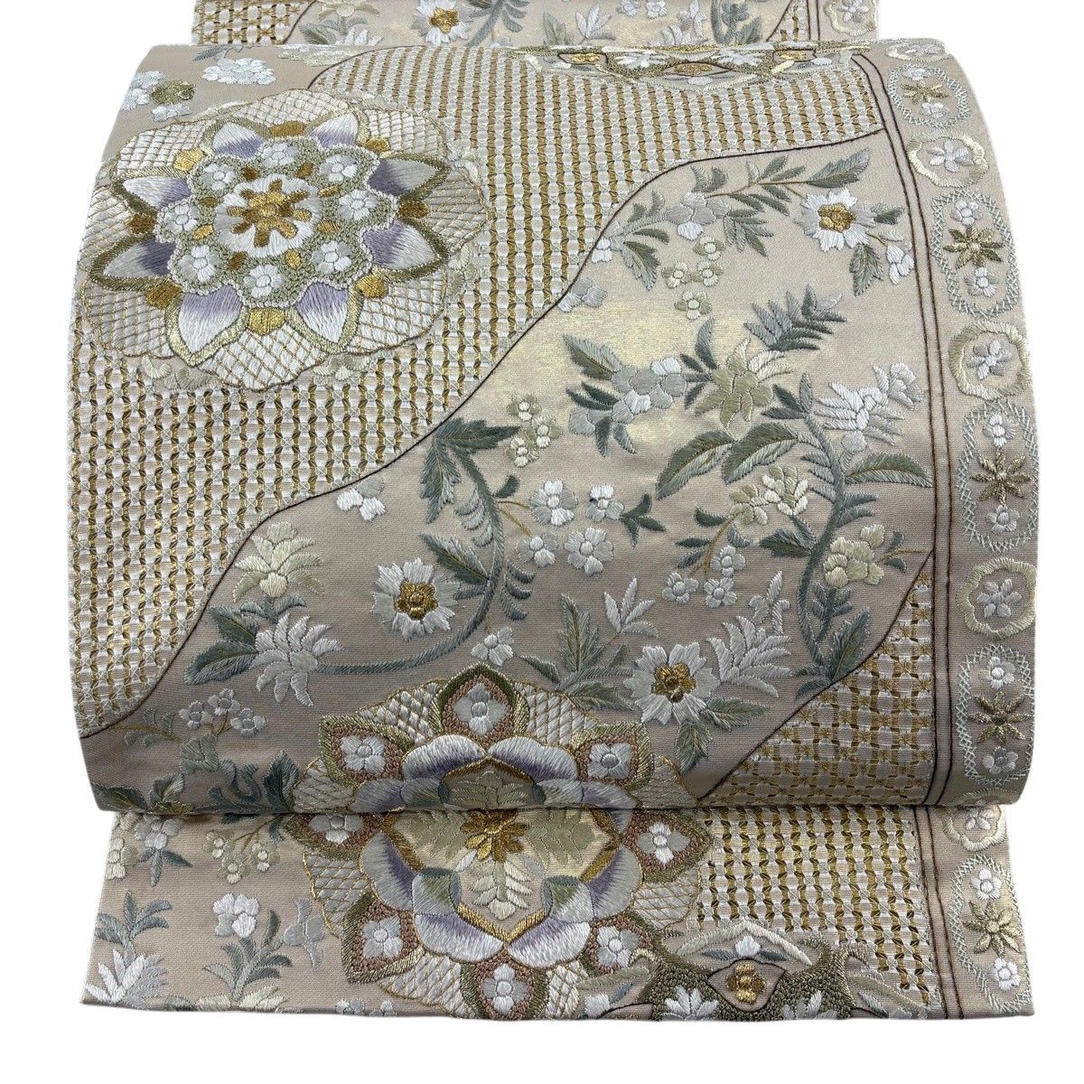 袋帯 逸品 華文 草花 刺繍 金糸 金色 六通 正絹 【中古】