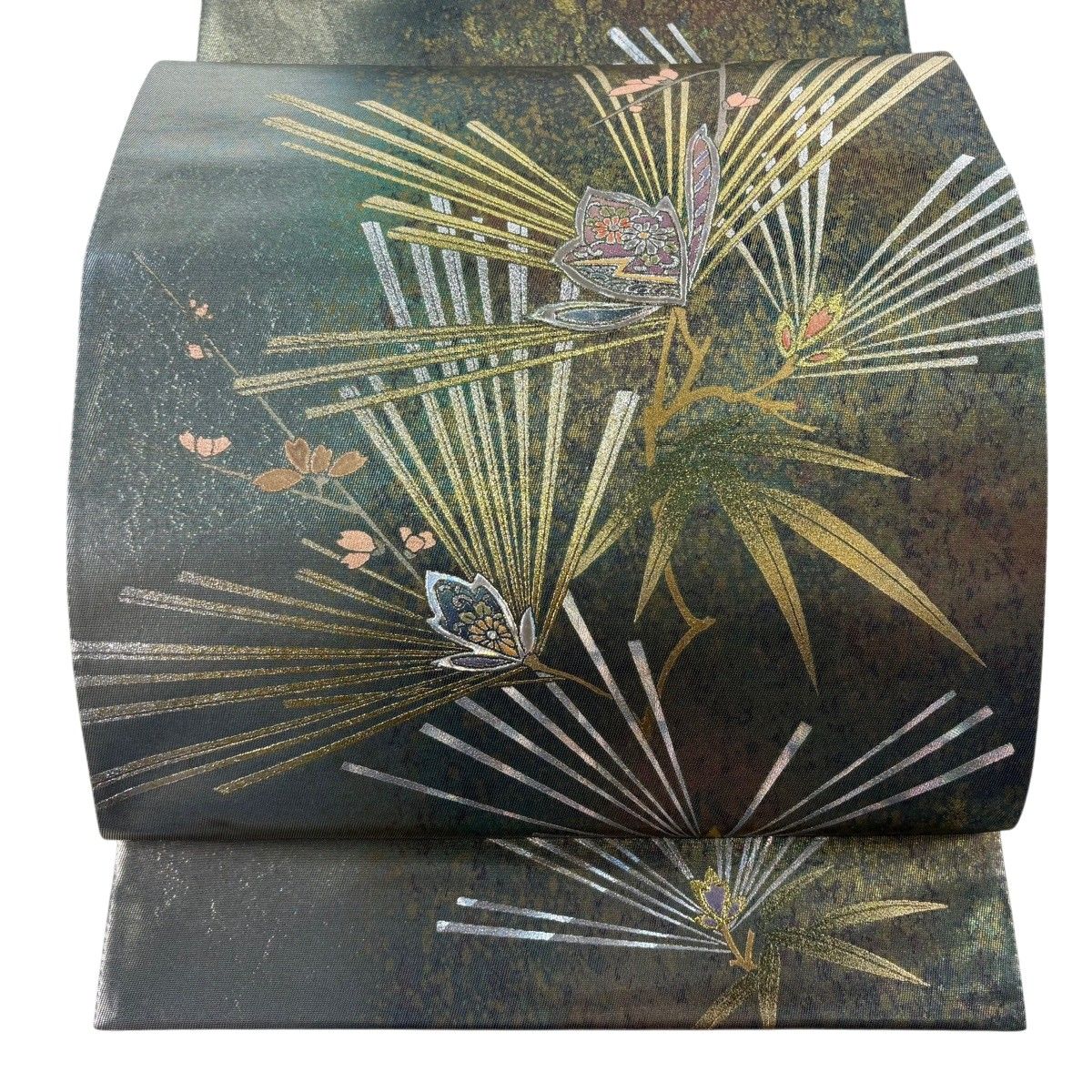 【美品】 袋帯 逸品 和田光正 落款 鈴乃屋 松 草花 金銀彩 箔 茶緑色 お太鼓柄 正絹 【中古】