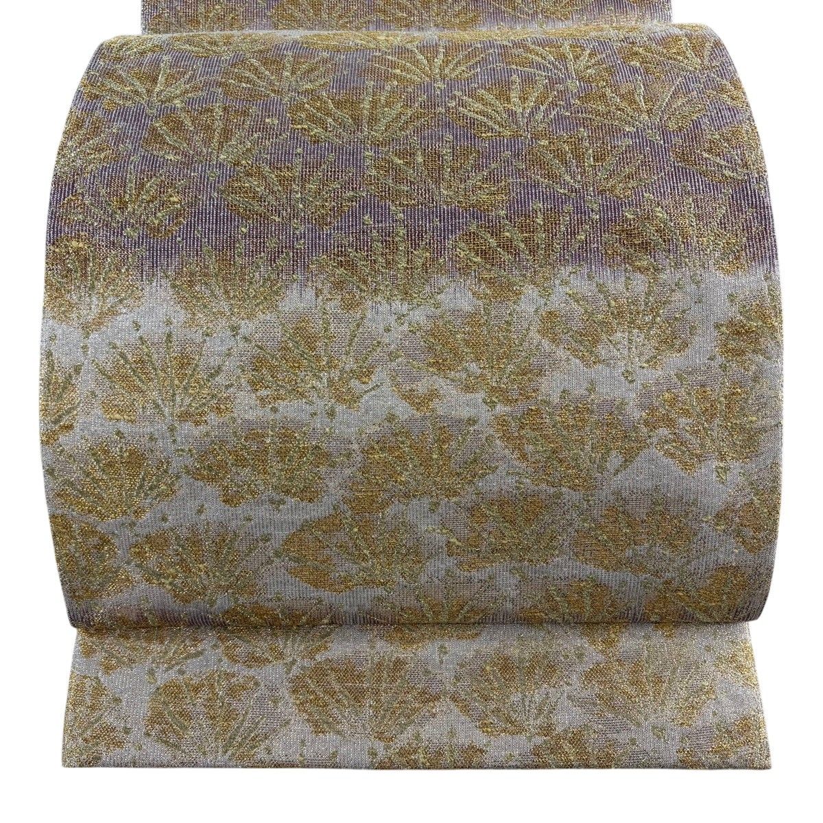 【美品】 袋帯 逸品 桝屋高尾 落款 段縞 幾何学 箔 クリーム 六通 正絹 【中古】