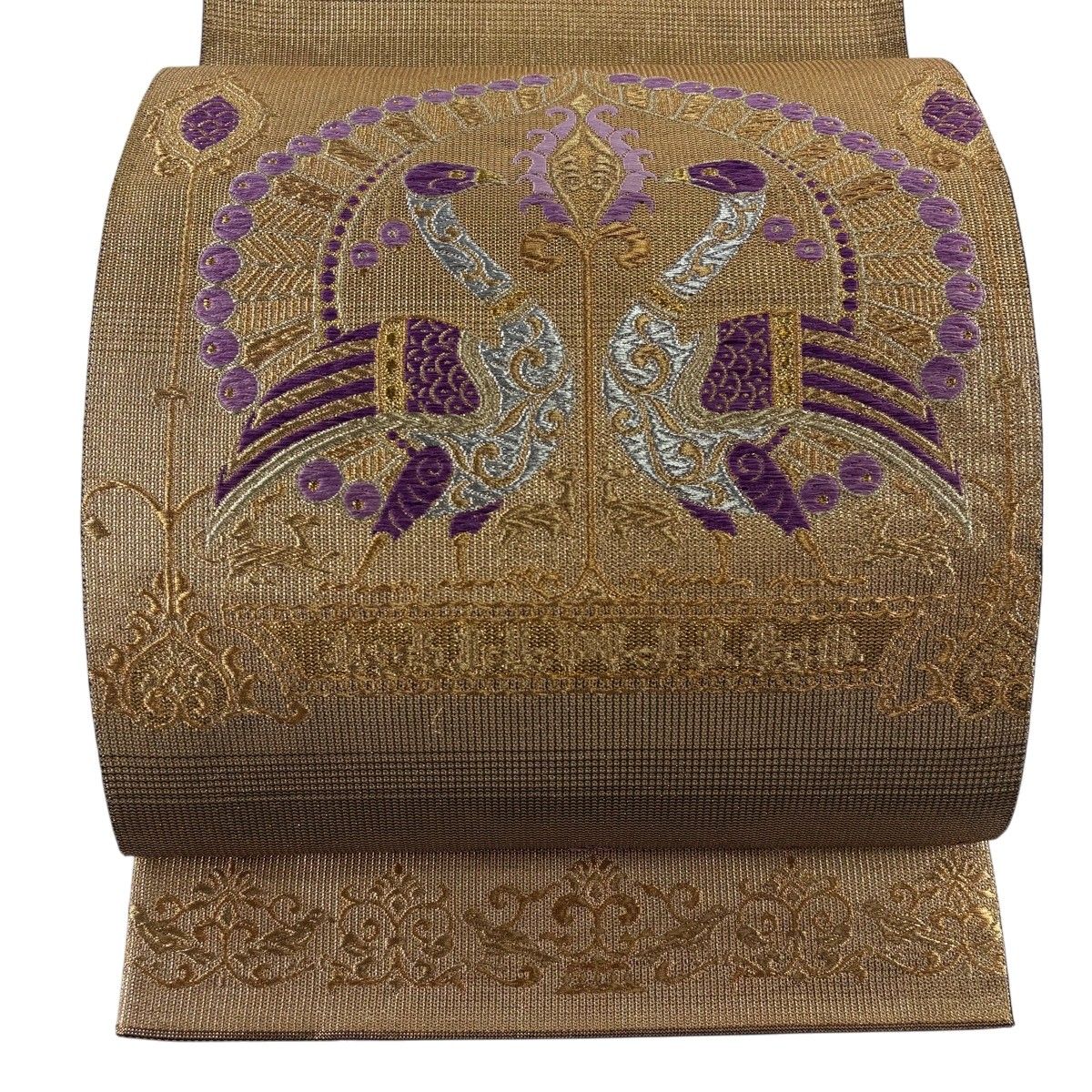 【美品】 袋帯 逸品 帝王紫 落款 向かい鳥 草花 金銀糸 箔 金色 お太鼓柄 正絹 【中古】