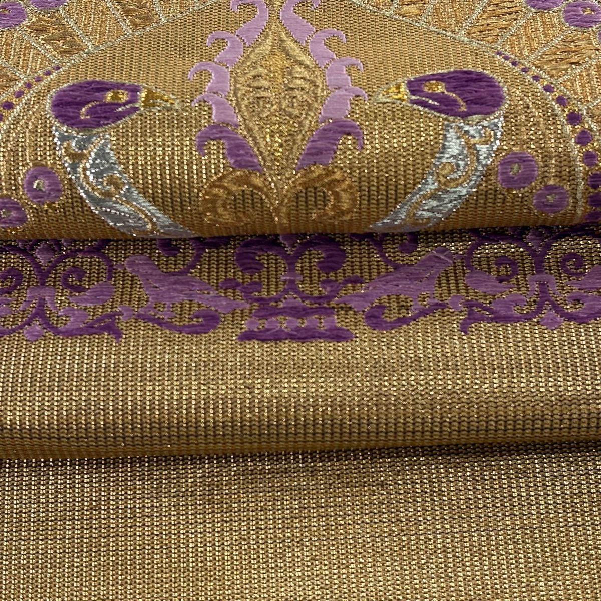 【美品】 袋帯 逸品 帝王紫 落款 向かい鳥 草花 金銀糸 箔 金色 お太鼓柄 正絹 【中古】