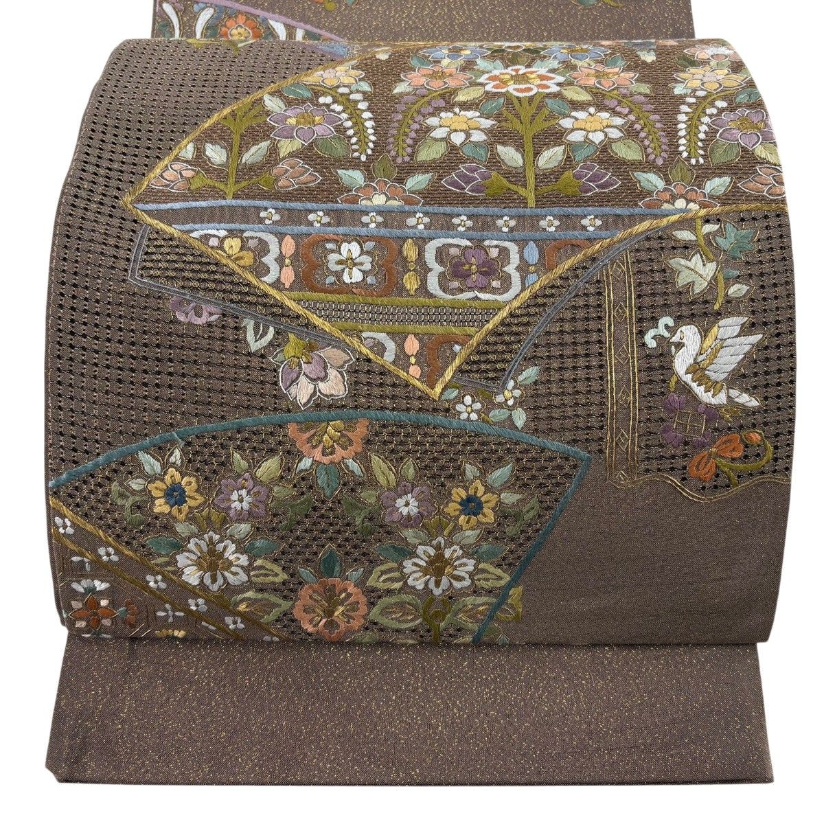 袋帯 逸品 扇面 草花 刺繍 金糸 薄茶色 お太鼓柄 正絹 【中古】