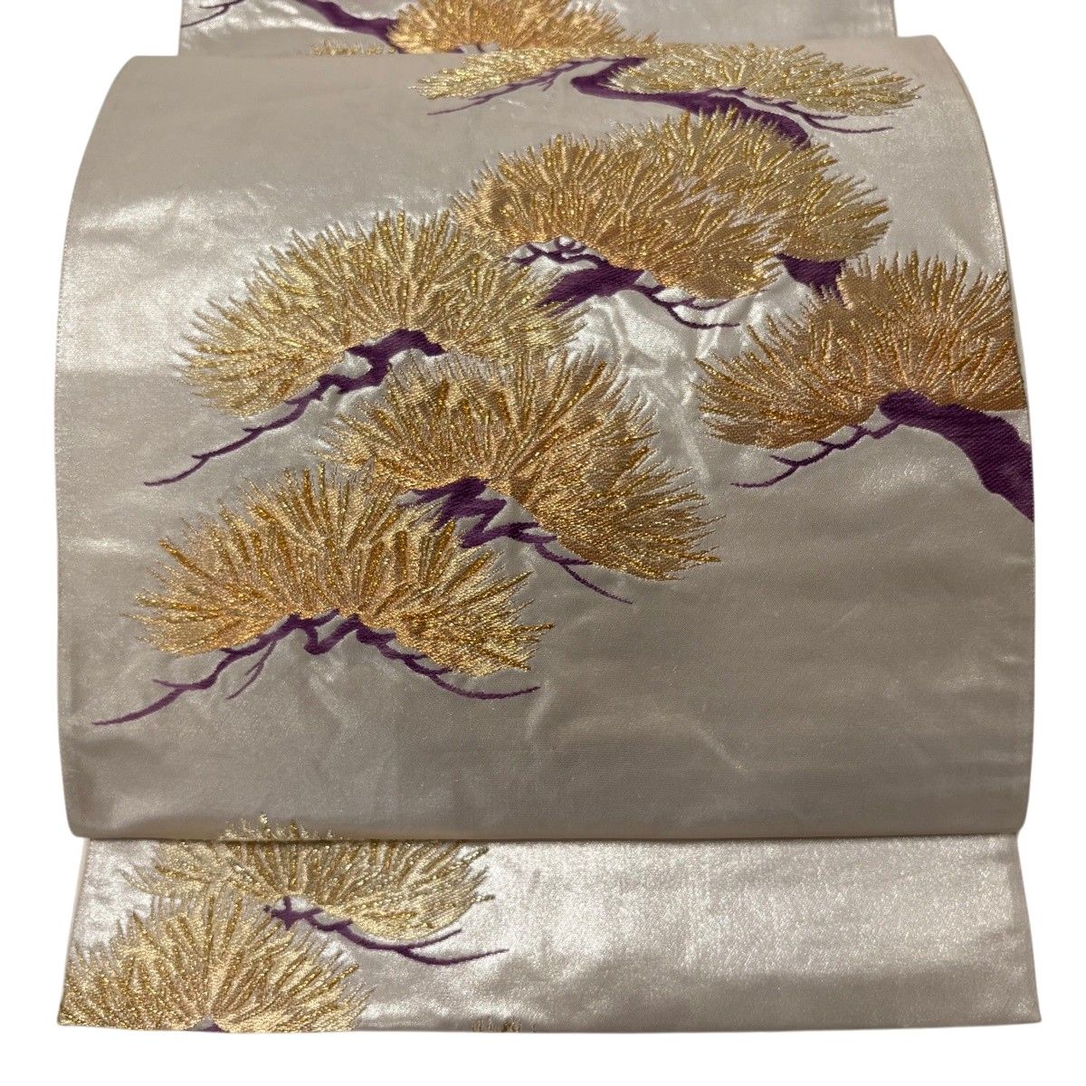袋帯 逸品 帝王紫 落款 能趣寿松文 金銀糸 箔 ベージュ 六通 正絹 【中古】