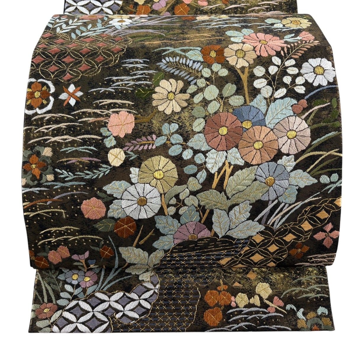 袋帯 逸品 草花 七宝 金糸 箔 金色 六通 正絹 【中古】