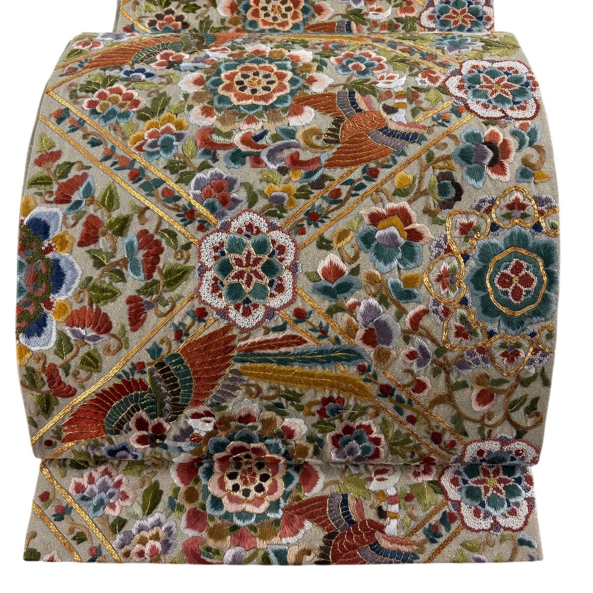 袋帯 逸品 華文 鳳凰 箔 刺繍 灰緑 六通 正絹 【中古】