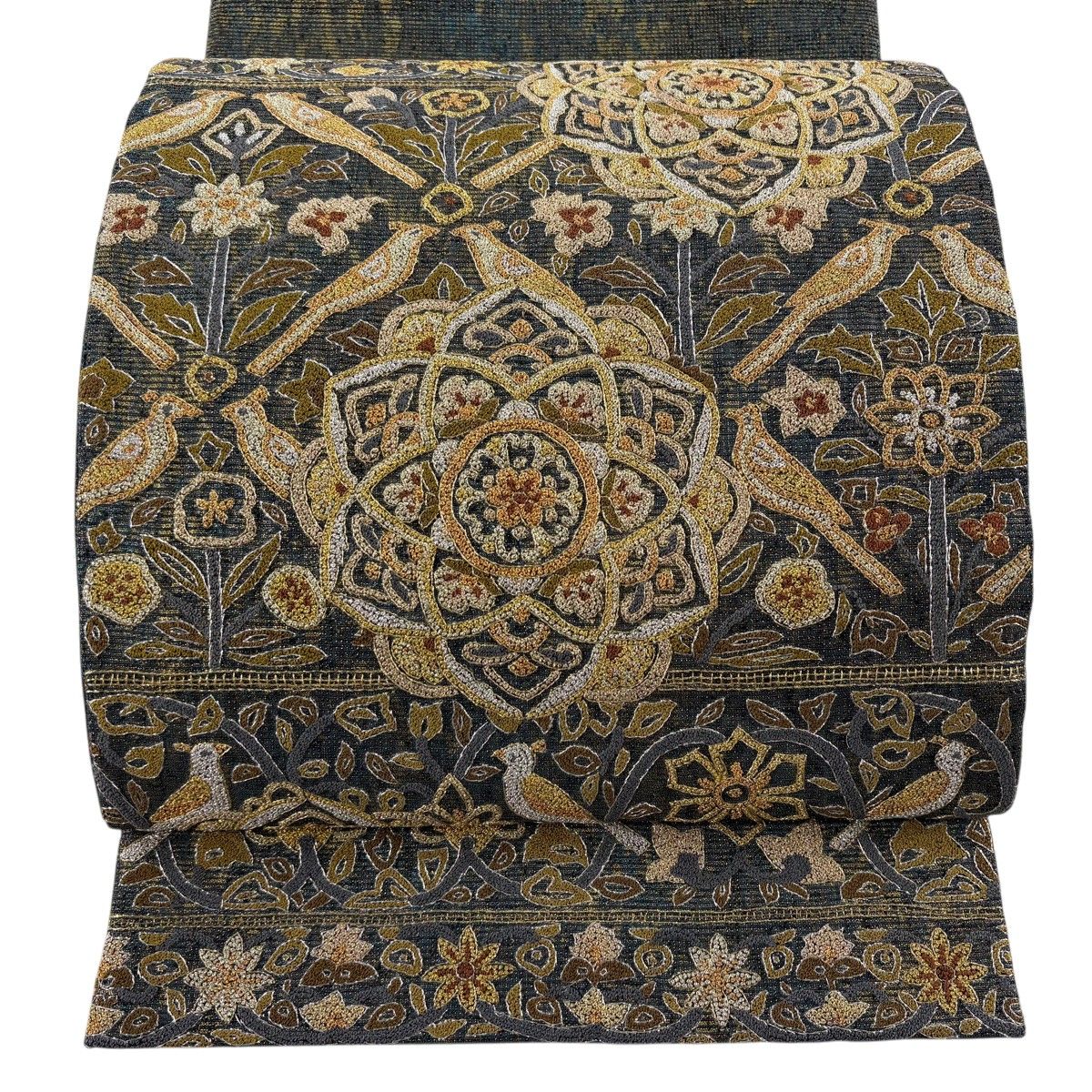 【美品】 袋帯 逸品 やまと 華文 花鳥 金銀糸 刺繍 深緑 お太鼓柄 正絹 【中古】
