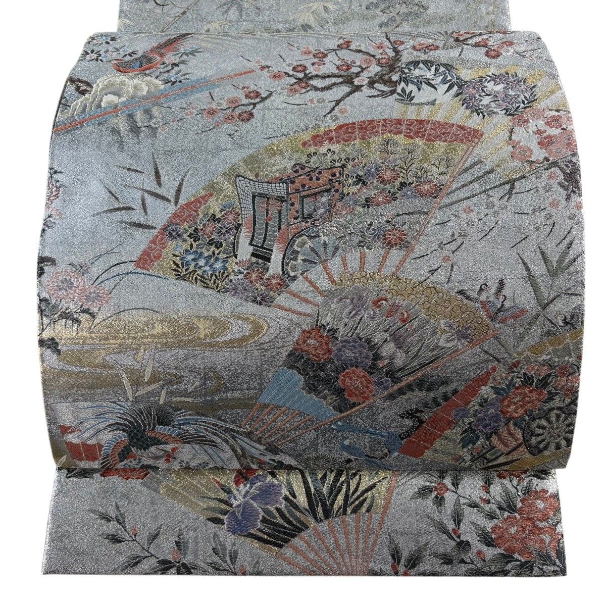 【美品】 袋帯 逸品 桃山扇面屏風文 金糸 箔 銀色 お太鼓柄 正絹 【中古】