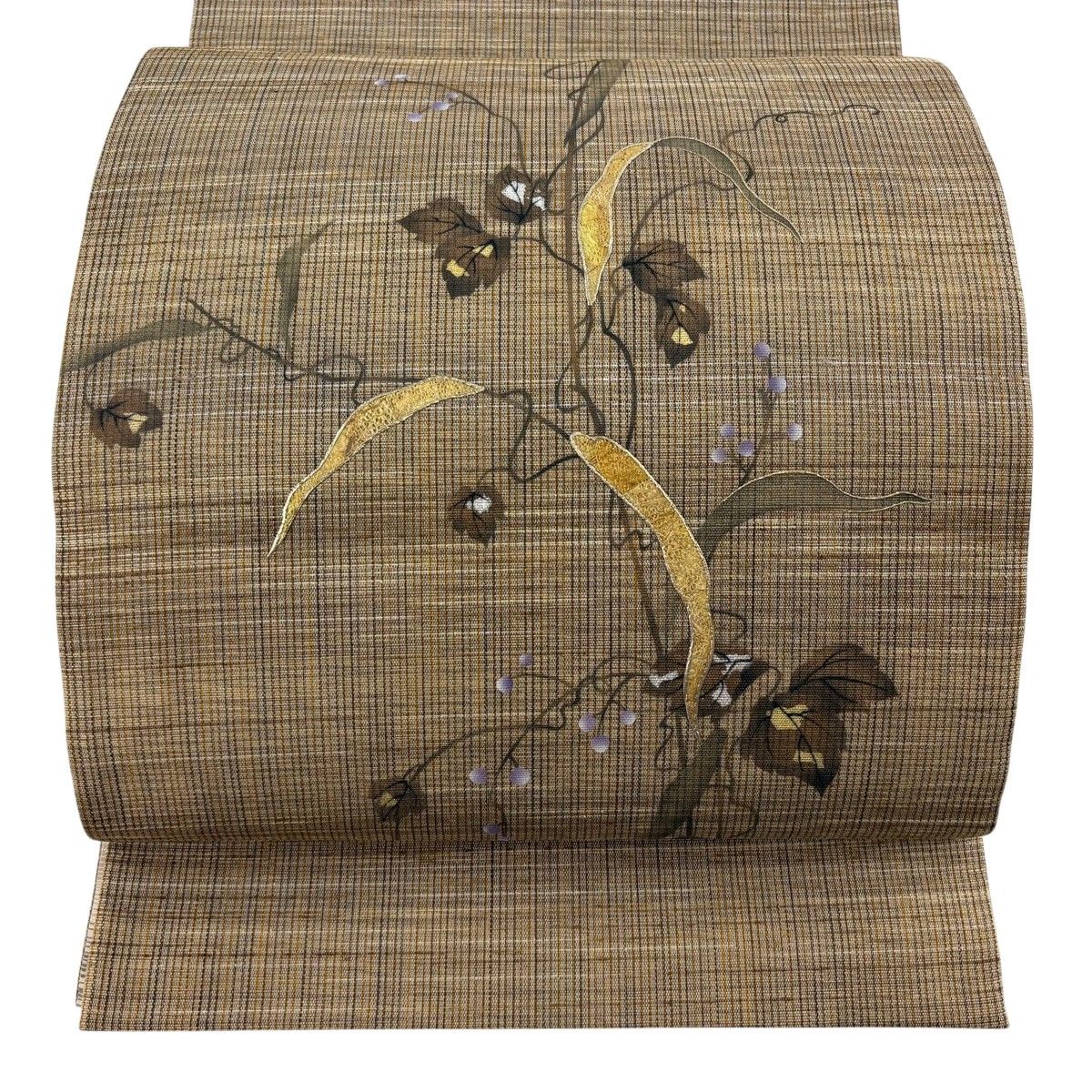 【美品】 袋帯 逸品 金輝繭 草花 金彩 金通し 黄土色 お太鼓柄 正絹 【中古】