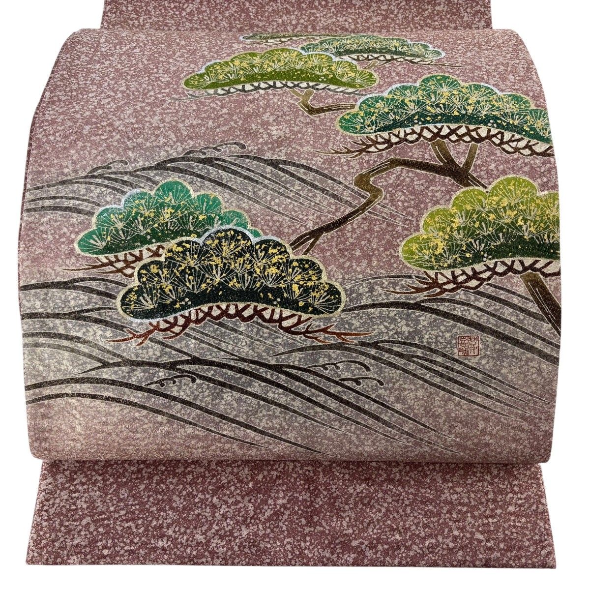 【美品】 袋帯 逸品 人間国宝 羽田登喜男 落款 松 波 金銀彩 金通し 薄小豆 お太鼓柄 正絹 【中古】