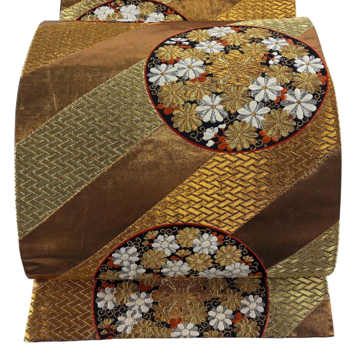 袋帯 逸品 河合美術織物 落款 花菱 菊 金銀糸 箔 金色 六通 正絹 【中古】