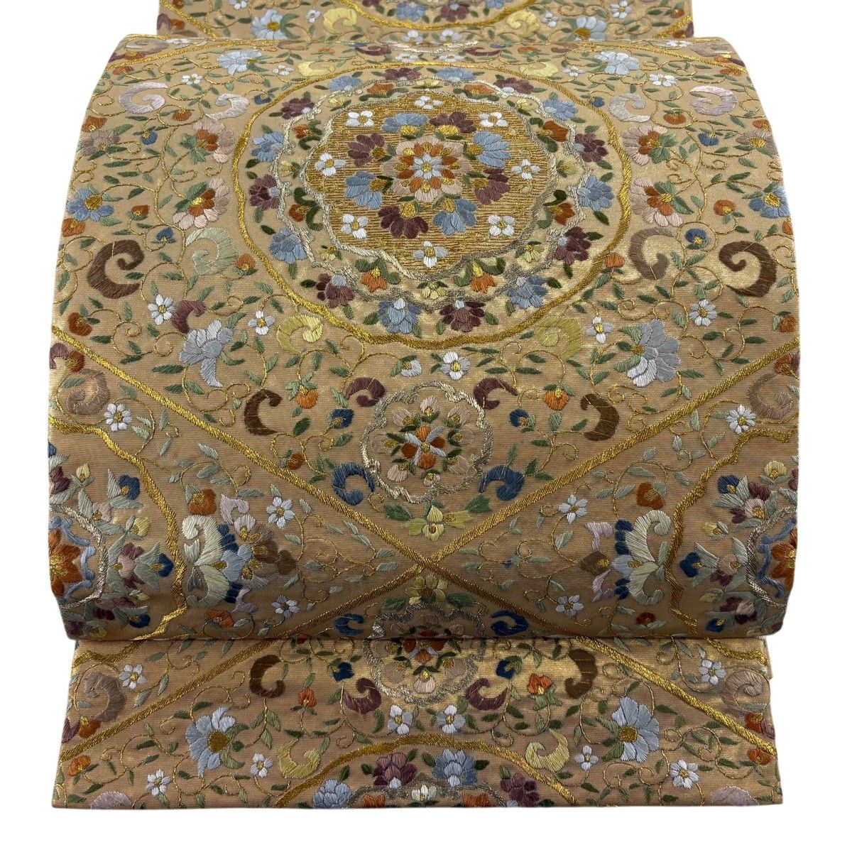袋帯 逸品 華文 花唐草 金糸 刺繍 金色 六通 正絹 【中古】