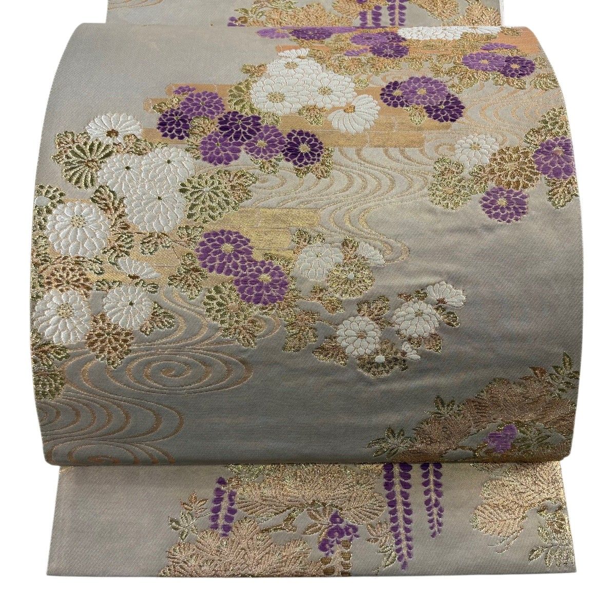 【美品】 袋帯 逸品 じゅらく 落款 帝王紫 菊 流水 金糸 箔 金色 六通 正絹 【中古】