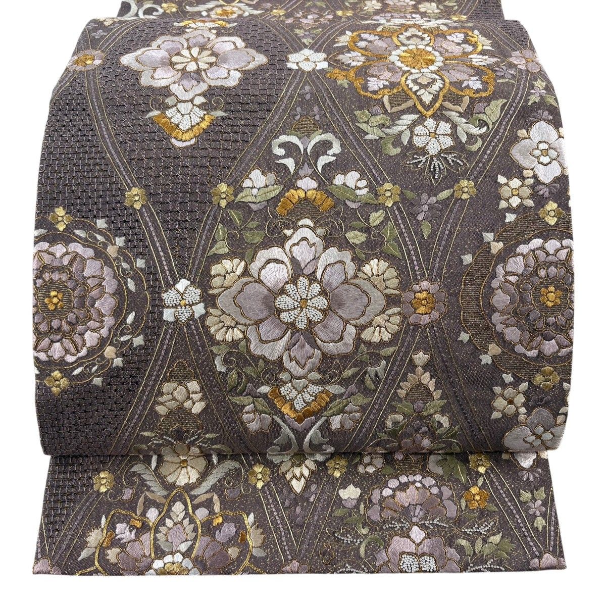 【美品】 袋帯 逸品 やまと 華文 草花 金糸 刺繍 灰紫 六通 正絹 【中古】