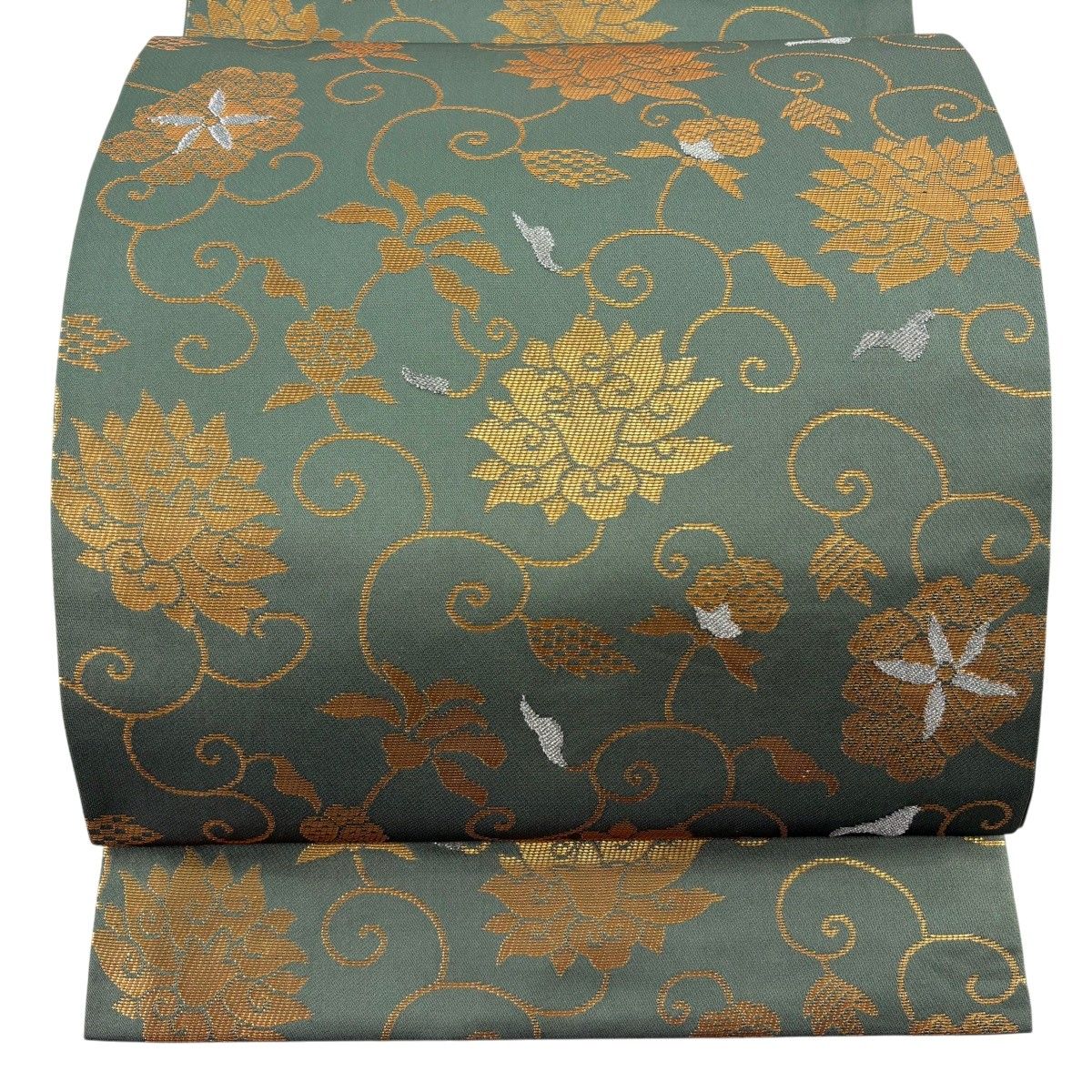 【美品】 袋帯 逸品 龍村晋 落款 花唐草 銀糸 箔 薄緑 全通 正絹 【中古】