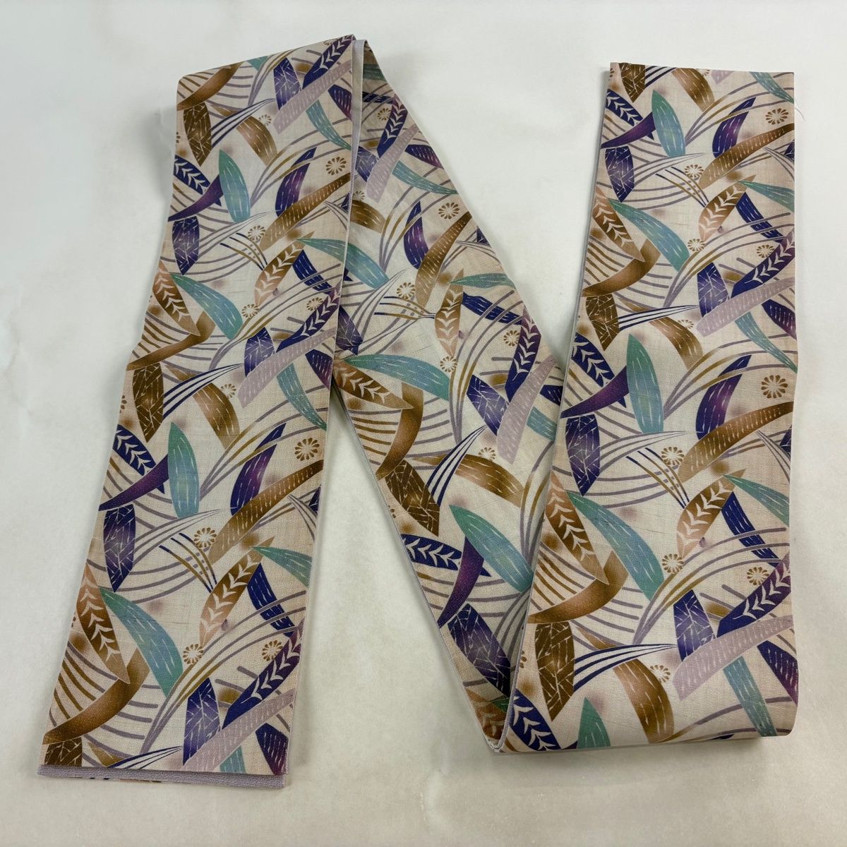【美品】半幅帯 優品 葉柄 花 灰茶 綿 【中古】