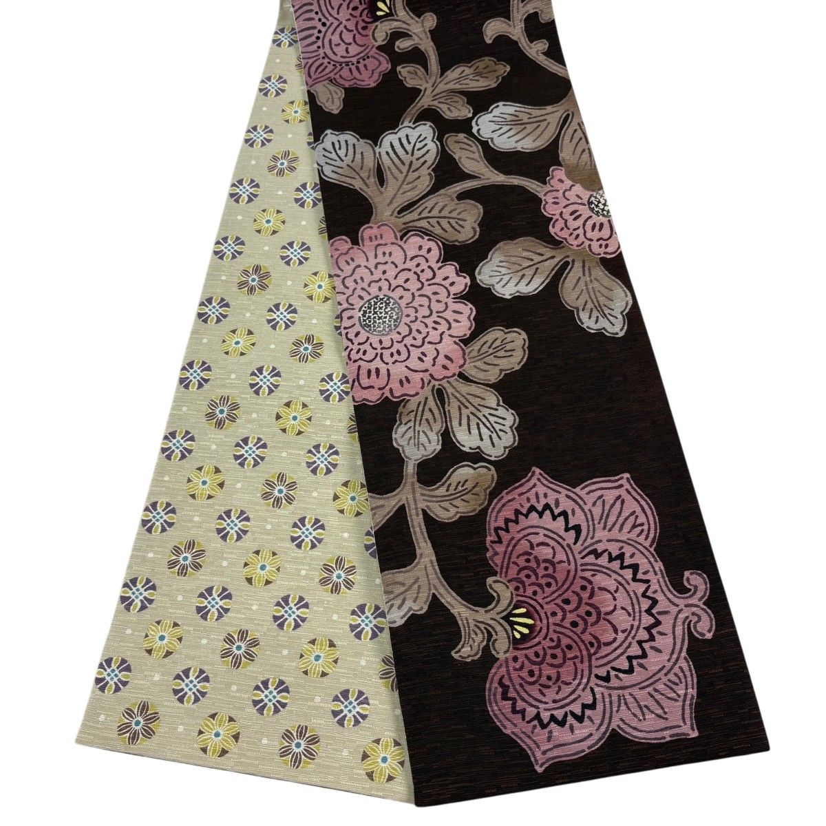 【美品】半幅帯 名品 菊 茶紫 正絹 【中古】