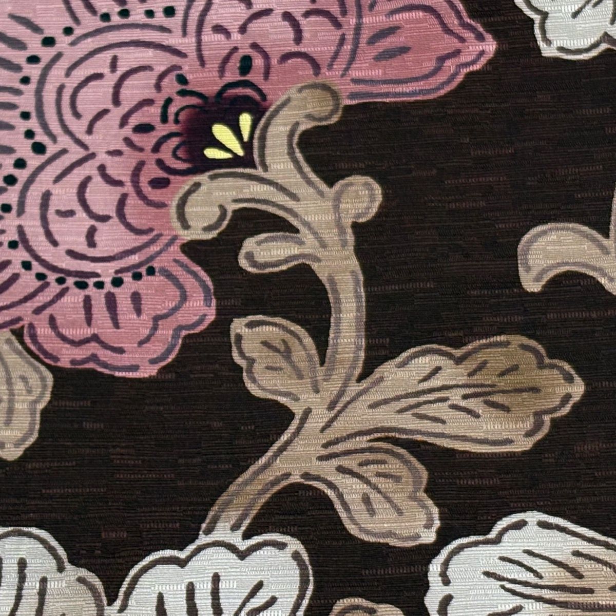 【美品】半幅帯 名品 菊 茶紫 正絹 【中古】