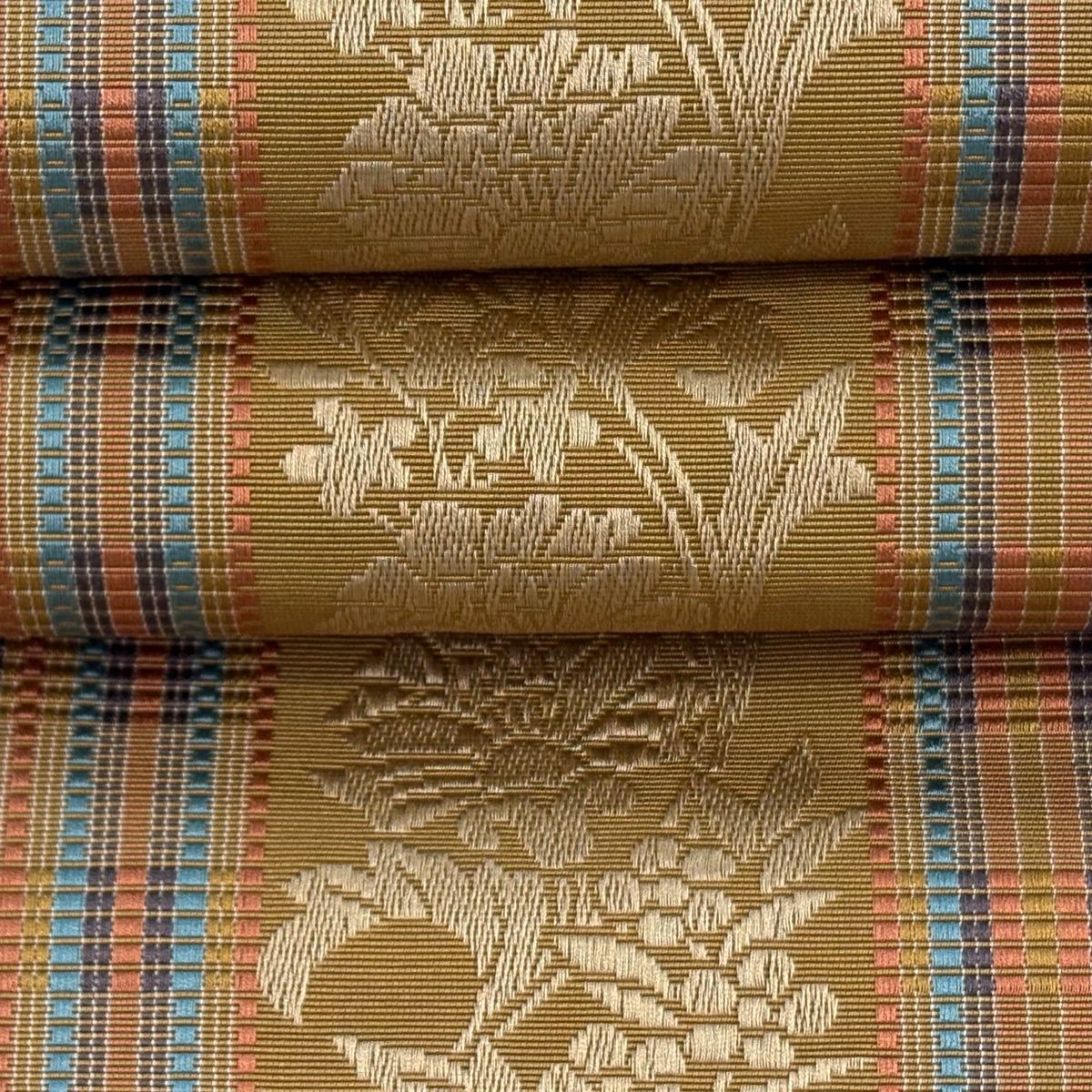 半幅帯 名品 証紙 本場筑前博多織 草花 縞 山吹茶色 正絹 【中古】 半幅帯 名品 証紙 本場筑前博多織 草花 縞 山吹茶色 正絹 【中古】