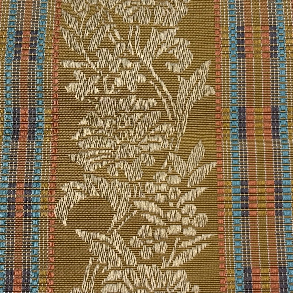 半幅帯 名品 証紙 本場筑前博多織 草花 縞 山吹茶色 正絹 【中古】 半幅帯 名品 証紙 本場筑前博多織 草花 縞 山吹茶色 正絹 【中古】