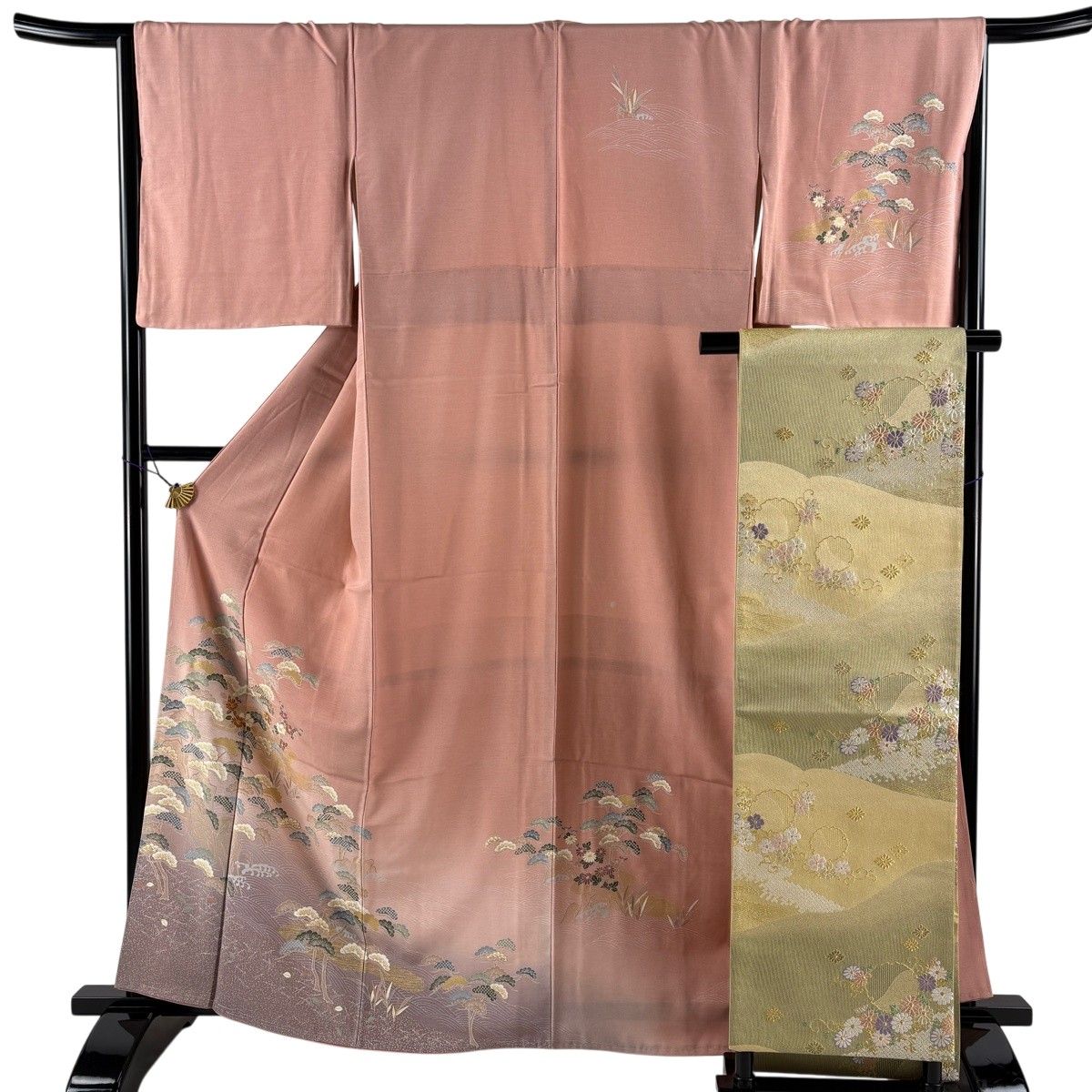 訪問着 身丈163cm 裄丈66.5cm M 袷 袋帯セット 松 椿 金糸 金彩 ピンク 正絹 秀品 【中古】