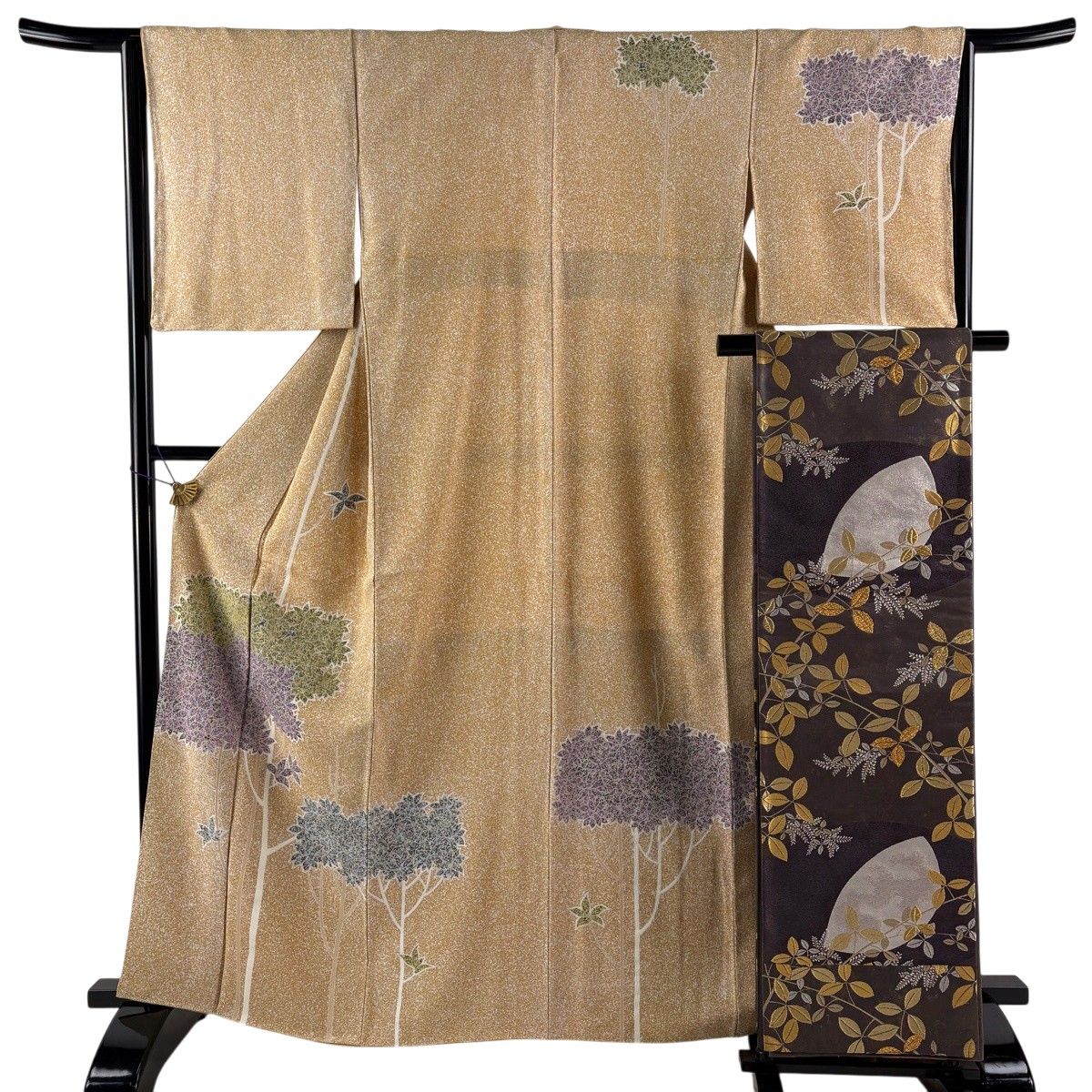 【美品】 訪問着 身丈164cm 裄丈64cm M 袷 袋帯セット 落款 枝花 刺繍 金彩 山吹茶色 正絹 秀品 【中古】